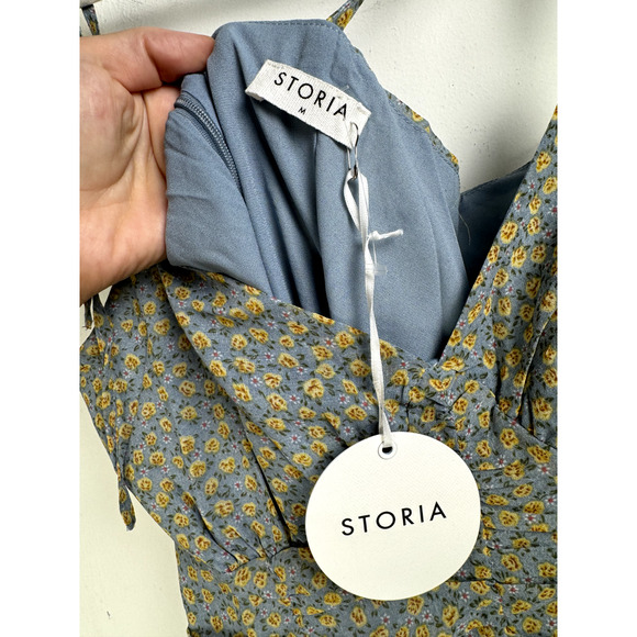 NWT Storia Blue Sweetheart Cottagecore Ditsy Floral Ruched Bodycon Mini Dress - Picture 5 of 9